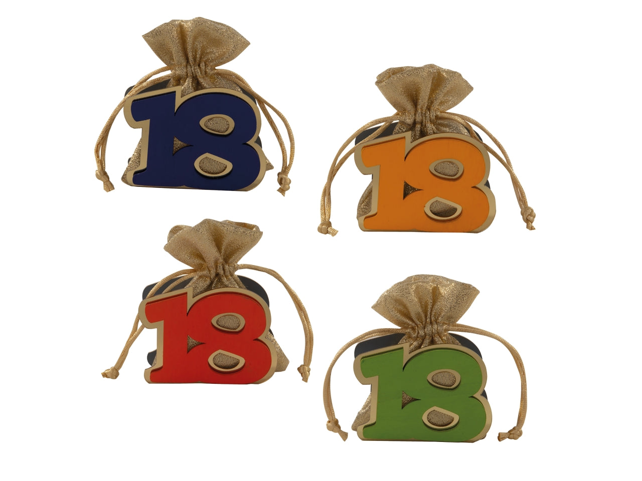 Oro sacchetto portaconfetti 8cm con applicazione 18anni, 4 colori assortiti