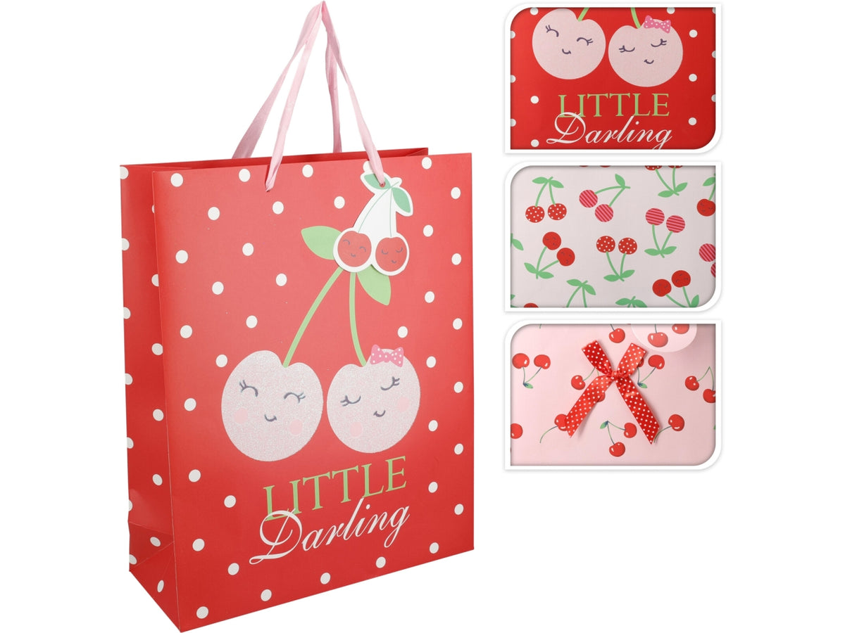 Shopper in carta 32x26cm con manici in corda a fantasia ciliegie 3 assortimenti