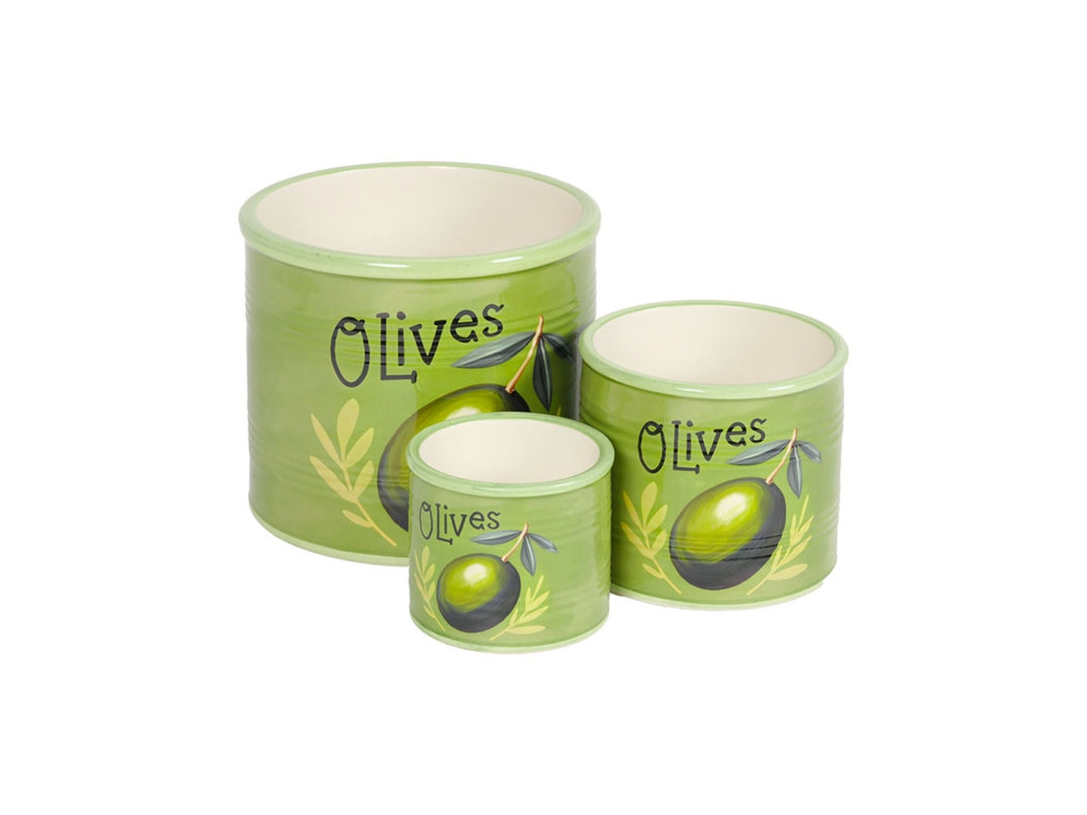 Set 3 vasetti in ceramica con decoro olive