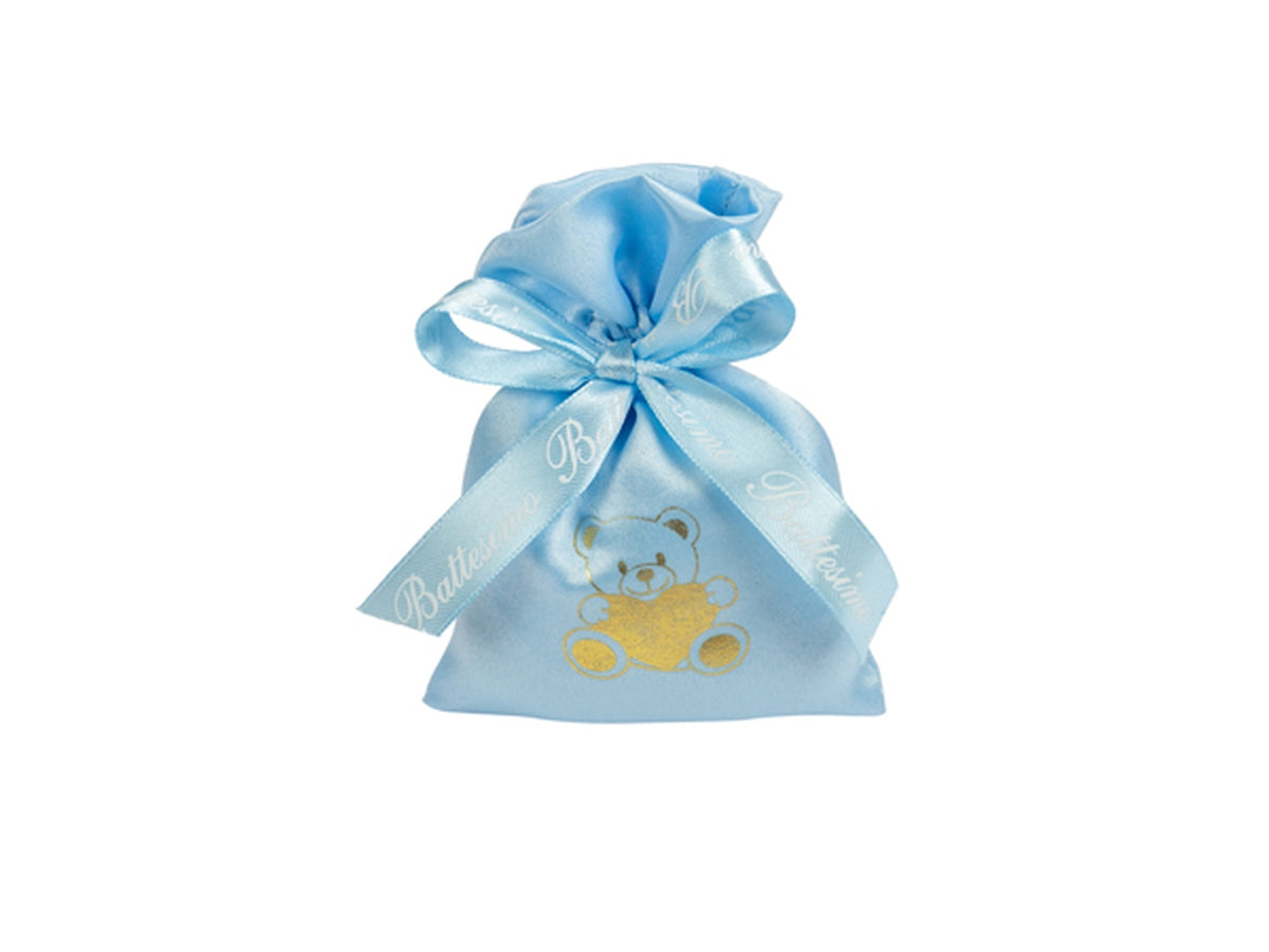 Sacchetto portaconfetti 10x13cm con orso stampato celeste