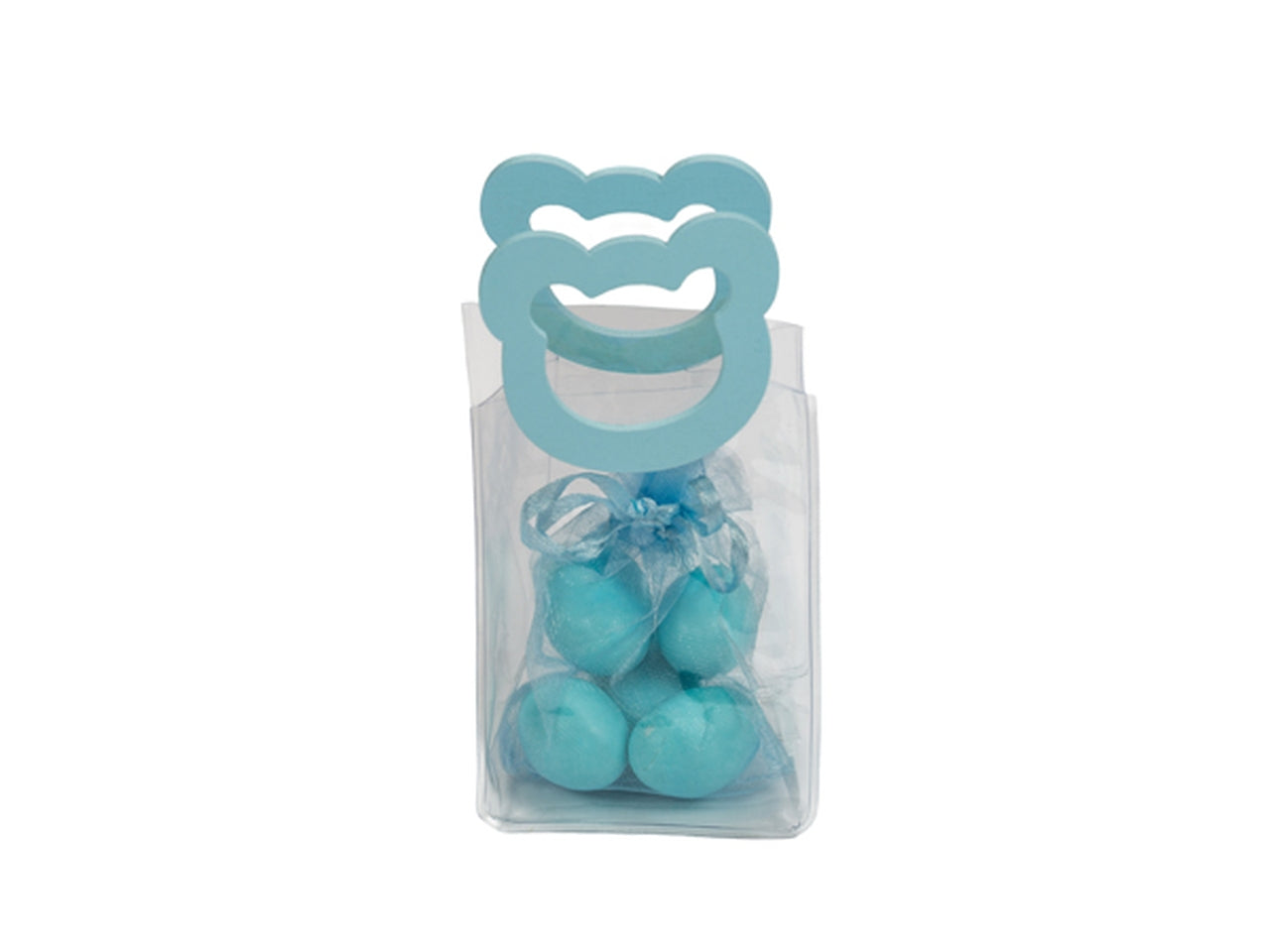 Borsetta portaconfetti in pvc 6xh.8cm con manico a forma di orsetto celeste