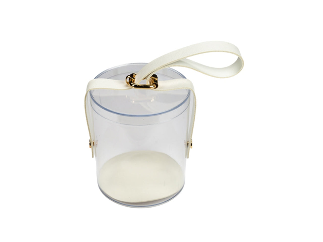 Scatola 8,5xh.10cm in pvc trasparente e manico in ecopelle bianco