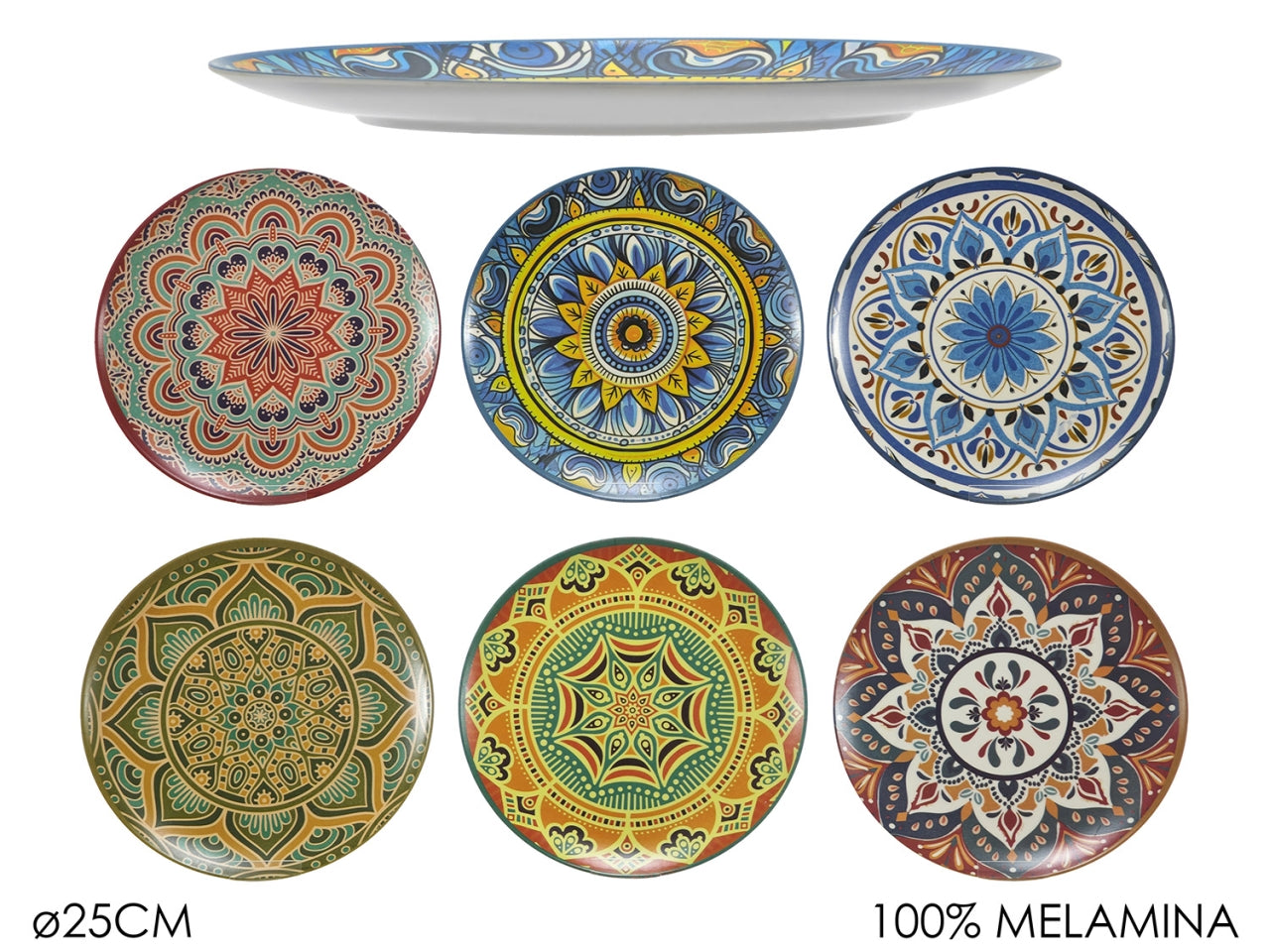 Piatto piano 25cm in melamina decorazione mandala in 6 assortimenti