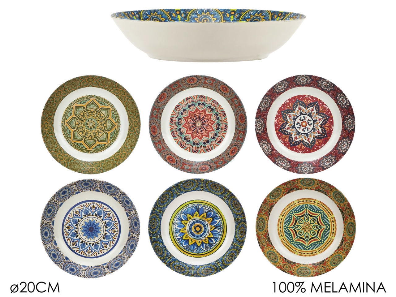 Piatto fondo 20cm in melamina decorazione mandala in 6 assortimenti