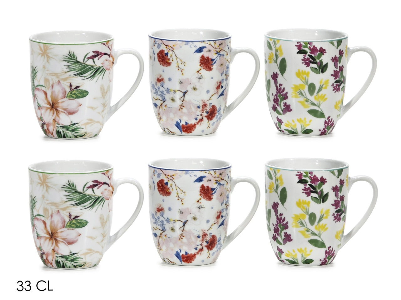 Tazze 33cl in porcellana decorazione fiori, confezione da 2 pezzi in 3 assortimenti