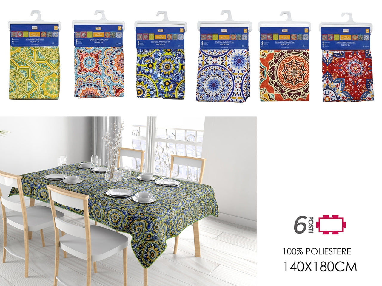 Tovaglia antimacchia 140x180 decorazione mandala in 6 assortimenti