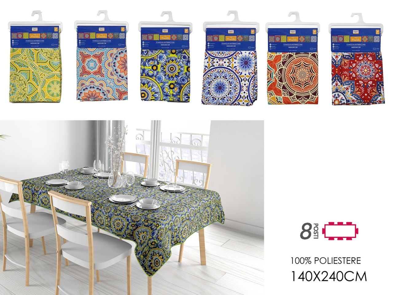 Tovaglia antimacchia 140x240 decorazione mandala in 6 assortimenti