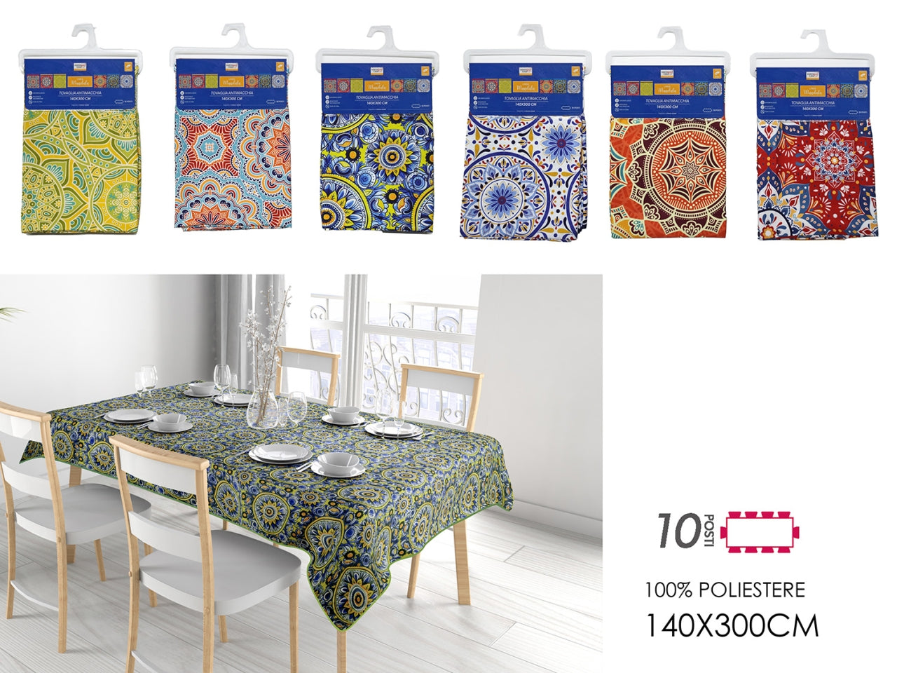 Tovaglia antimacchia 140x300 decorazione mandala in 6 assortimenti