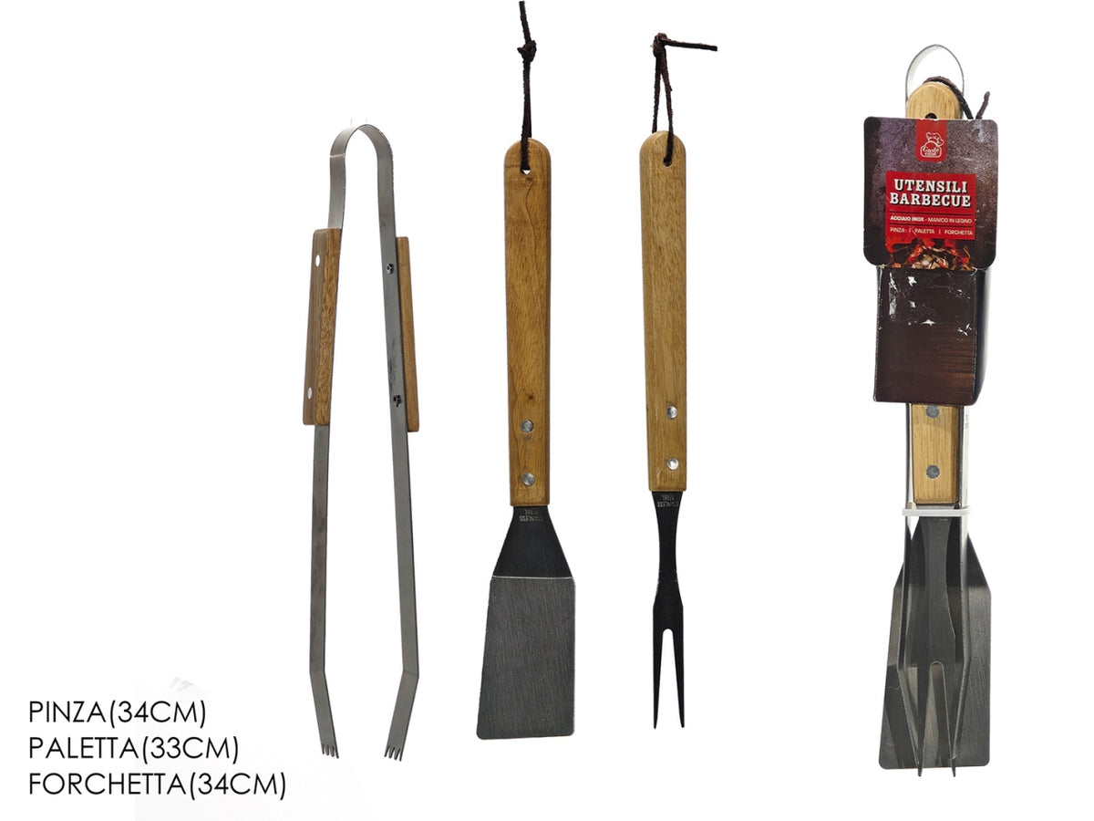 Utensili per barbecue 34cm set da 3 pezzi con manico in legno
