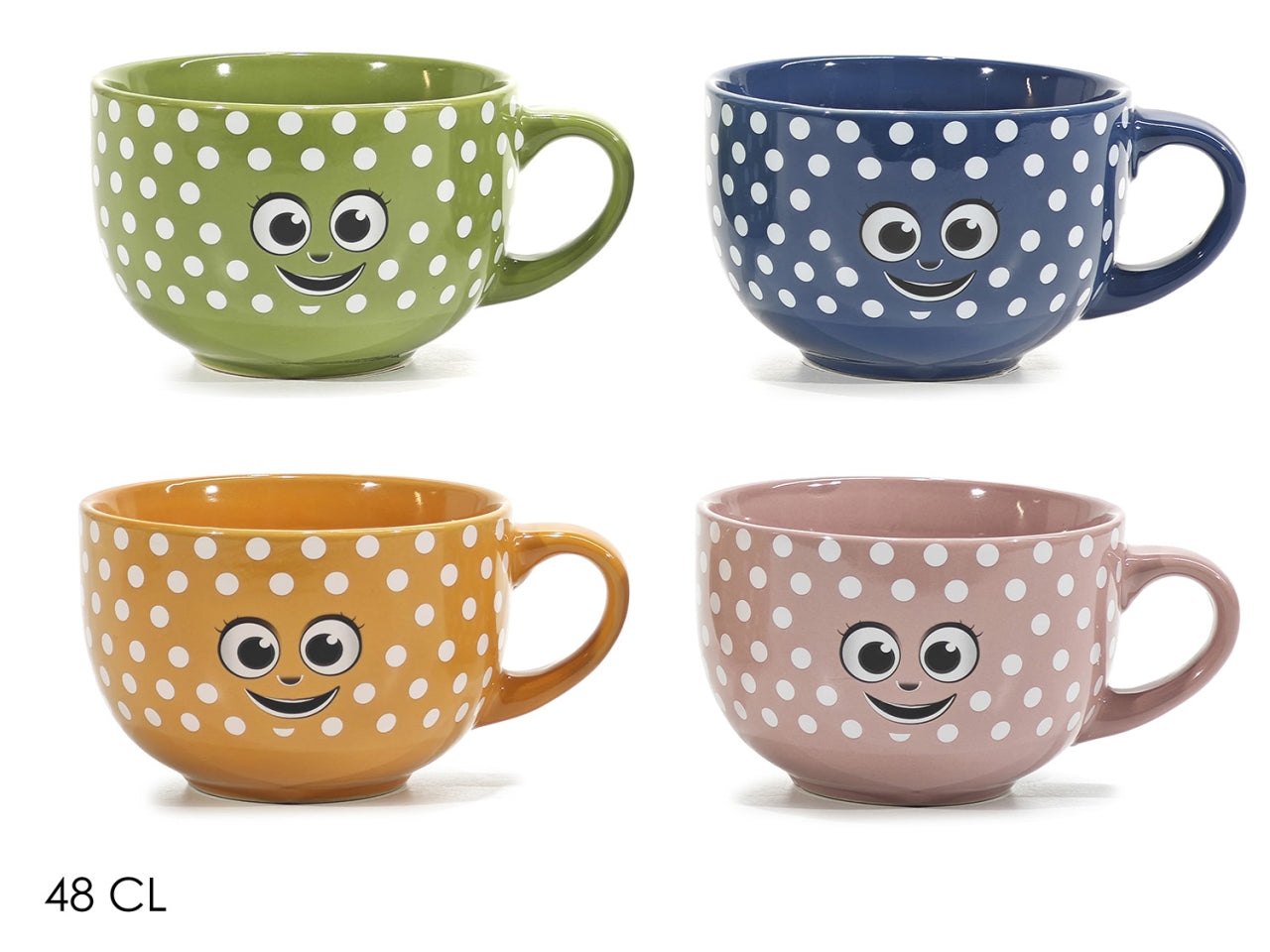 Tazza mug a pois e faccine 48cl, 4 colori assortiti