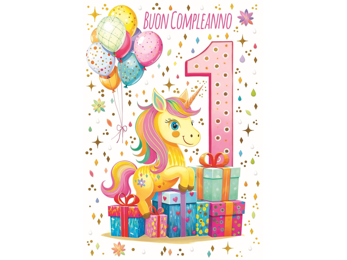 Biglietto buon compleanno 1° anno unicorno