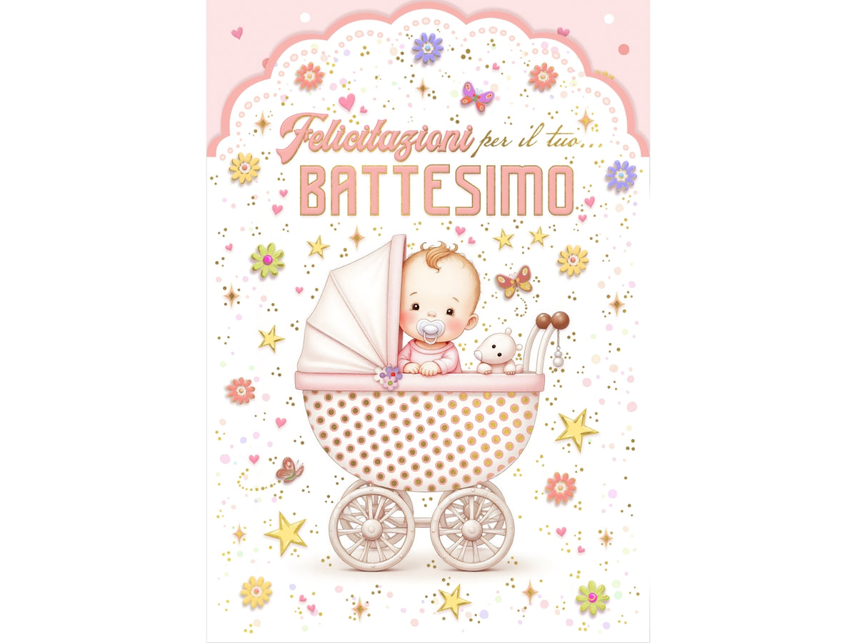Biglietto felice battesimo carrozzina rosa