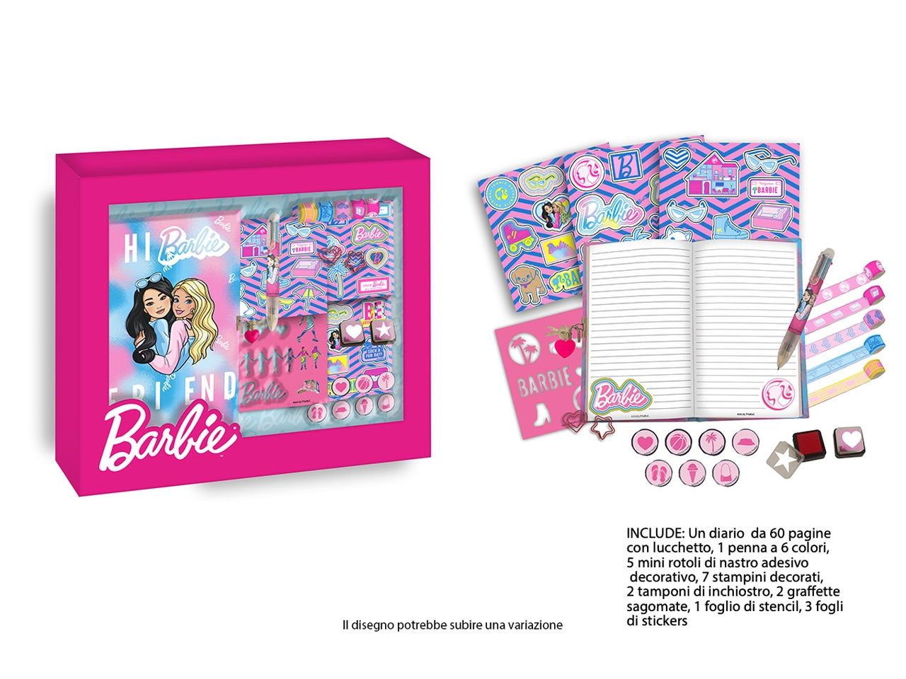 Barbie Set agenda con timbrini, penna 6 colori
