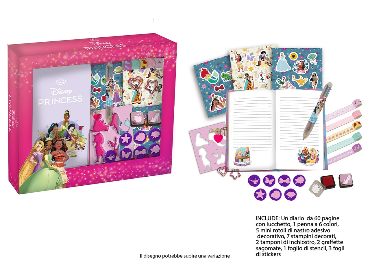 Princess Set agenda con timbrini, penna 6 colori