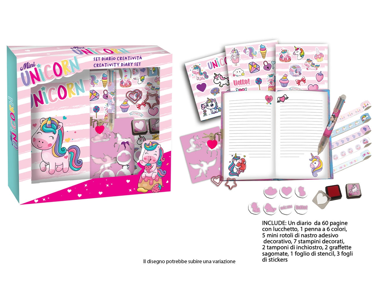 Unicorn Set agenda con timbrini, penna 6 colori