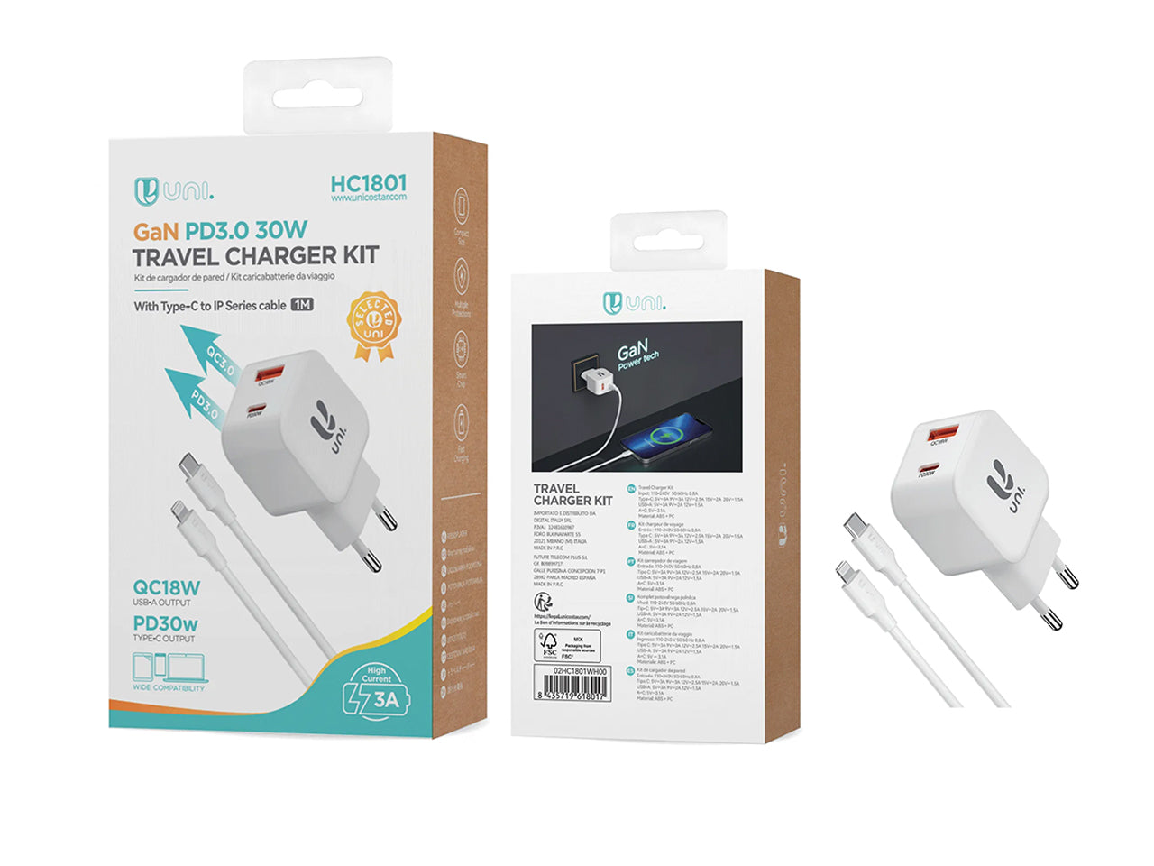 Caricatore Viaggio 2 Porte Type-C PD30W con Cavo Type-C a Lightning Kit Bianco