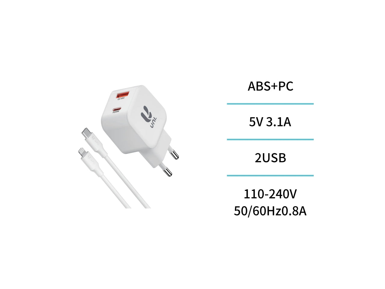 Caricatore Viaggio 2 Porte Type-C PD30W con Cavo Type-C a Lightning Kit Bianco