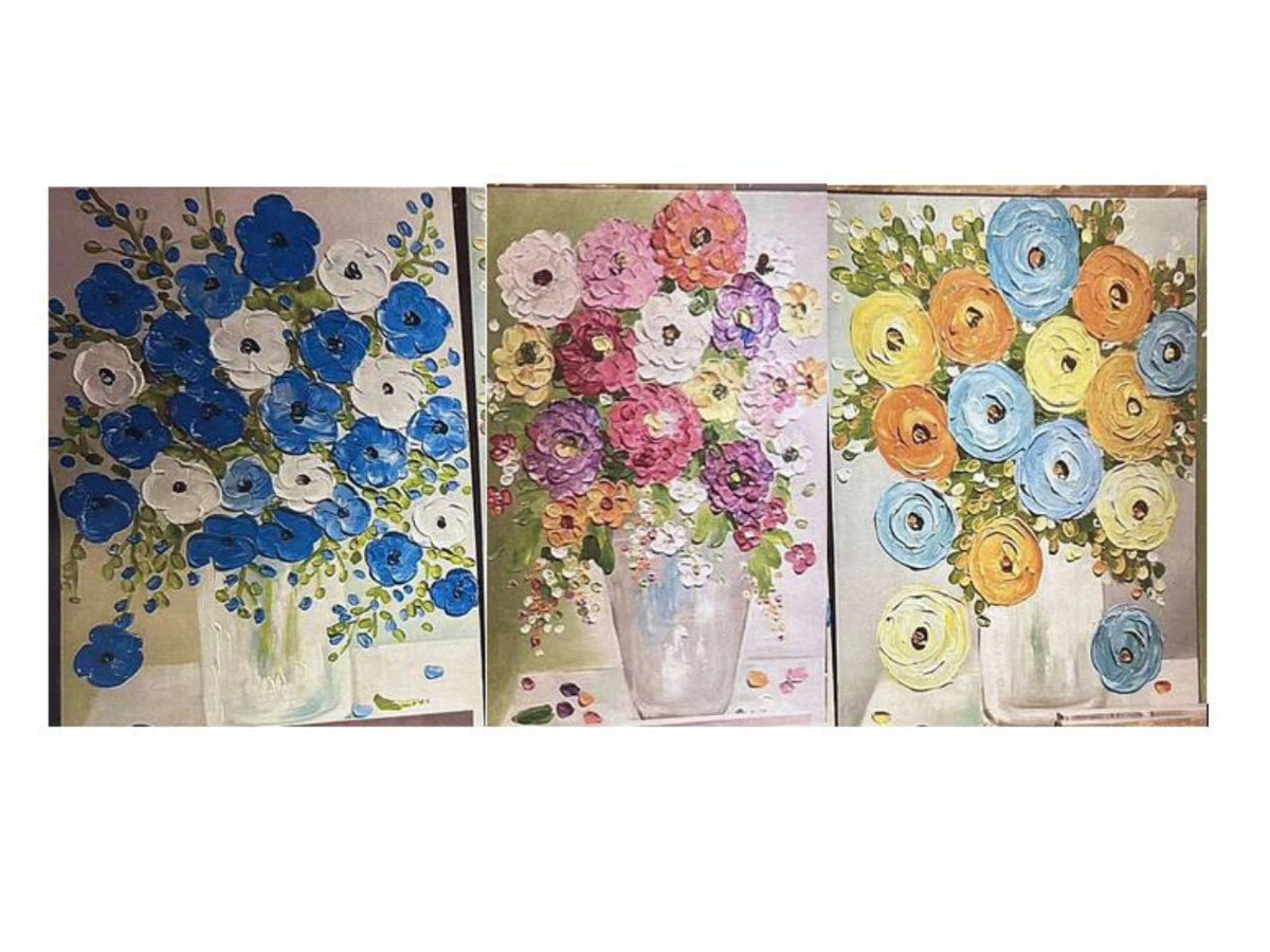 Quadro con pittura materica a rilievo 80x60cm vaso fiori assortiti
