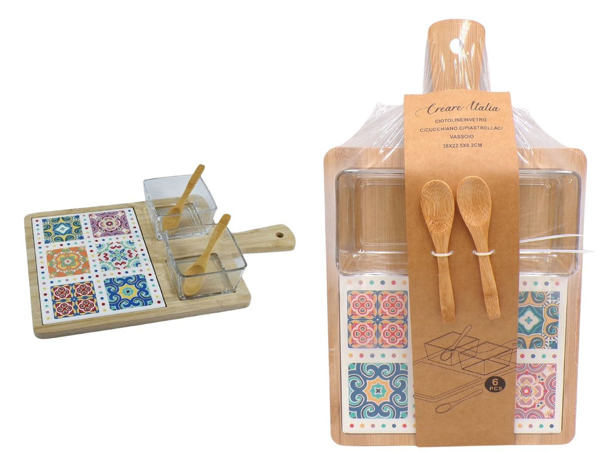 Ciotoline in vetro con cucchiano e piastrella con vassoio 38x22,5x6,2cm