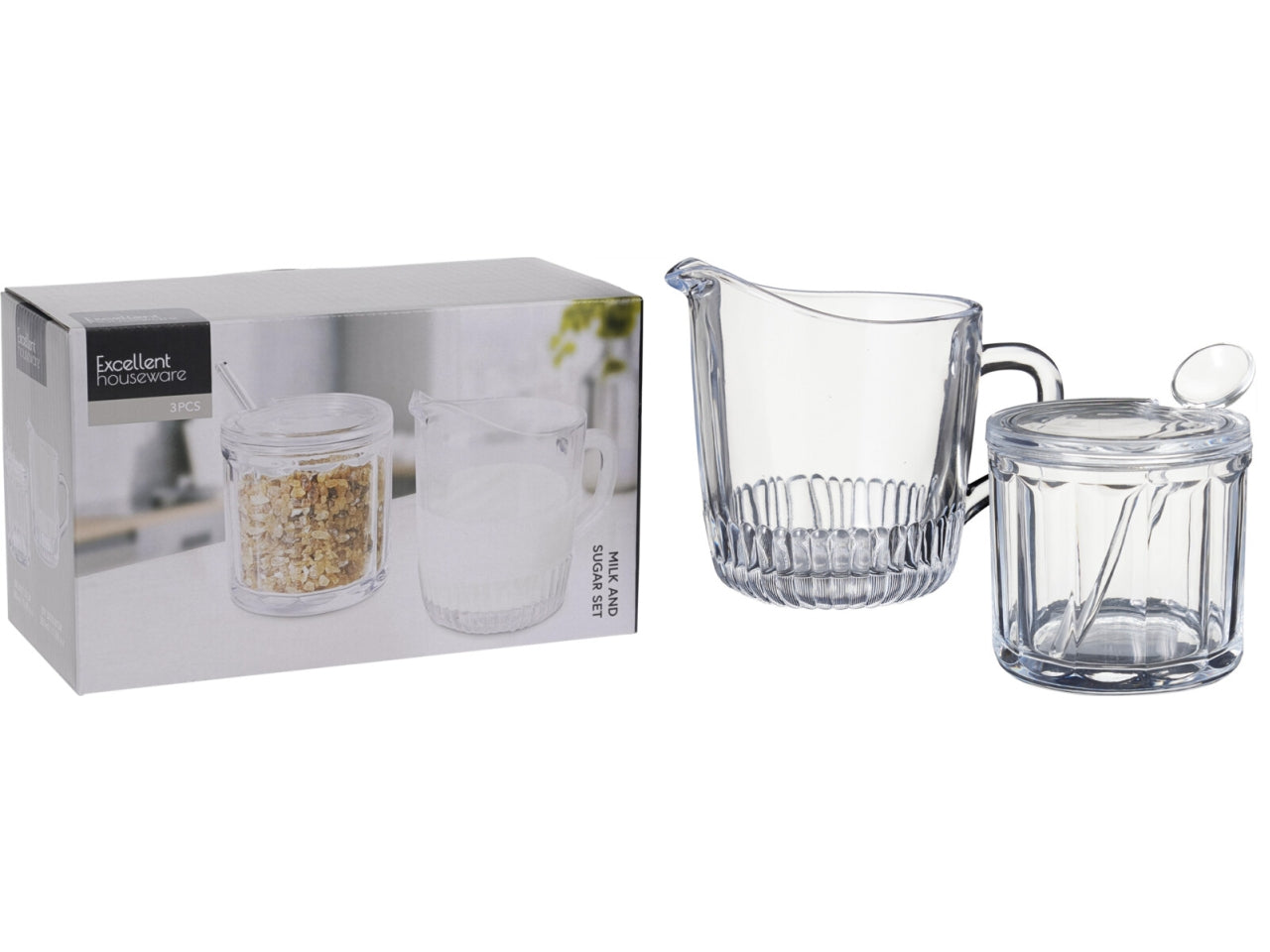 Set zucchero e latte in vetro sodalime composto da barattolo dello zucchero con coperchio, lattiera e cucchiaio da 13cm. Entrambi i barattoli misurano d.9xH.8cm Vetro trasparente