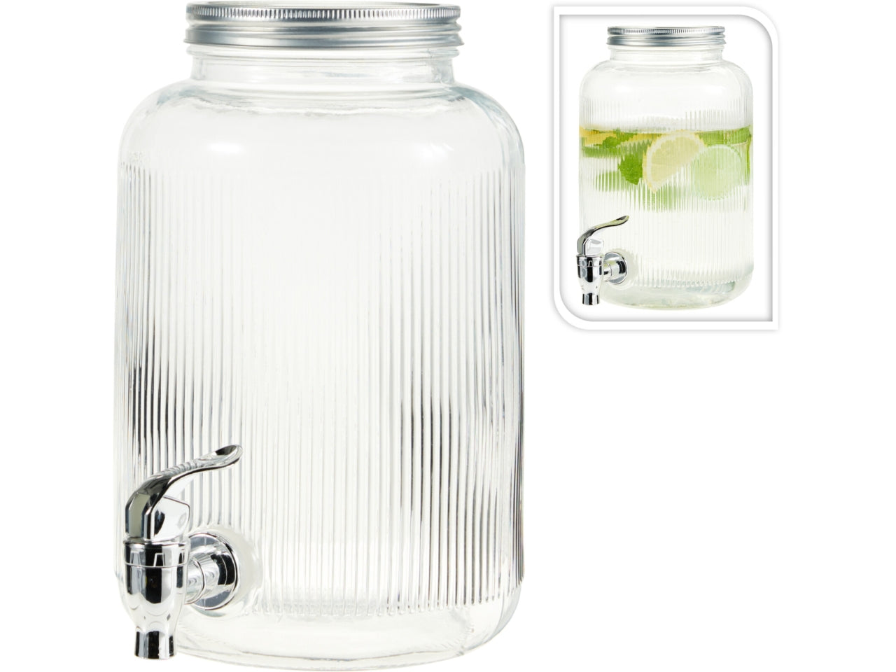 Dispenser per bevande in vetro, capacità 4lt, con coperchio in acciaio inox e rubinetto in PP argento. Dimensioni d.16xH.25cm, peso 1264gr