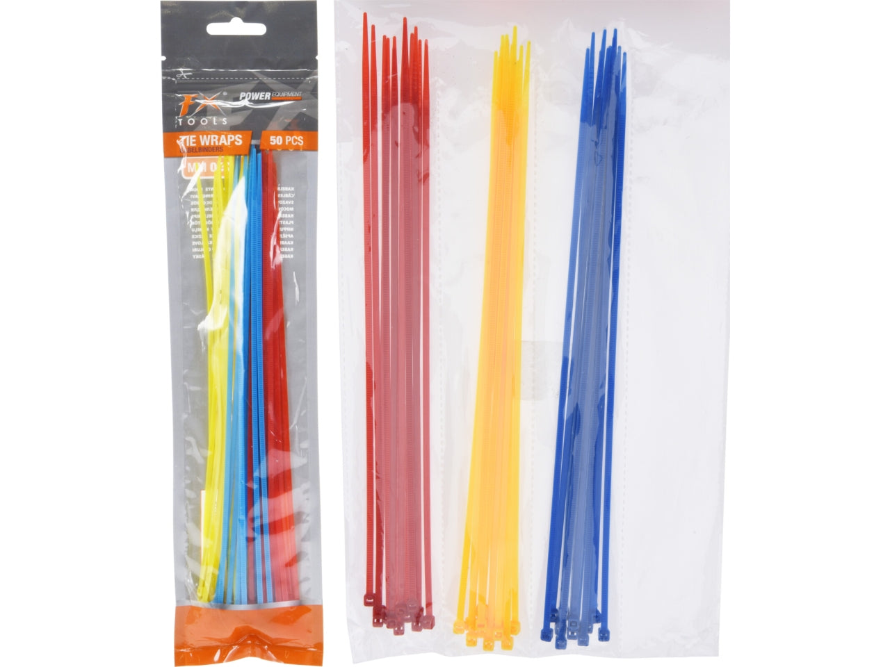 Set di fascette in PP, misura 25cmx2,8mm. Contiene 50 pezzi in 3 colori assortiti, confezionati in busta in foil stampata a colori