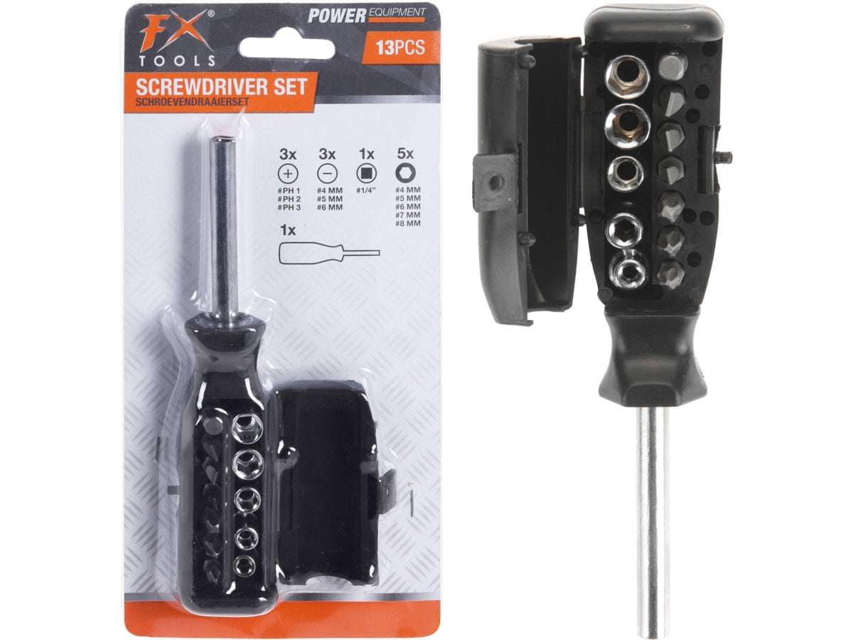Set cacciavite con supporto e 12 bussole e inserti in acciaio al carbonio. Include 5 bussole (4, 5, 6, 7, 8mm), inserti Philips (1, 2, 3mm), piatti (4, 5, 6mm) e un inserto connettore. Manico da 16,5cm.