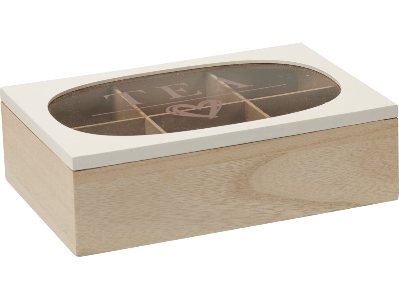Scatola da tè in MDF con coperchio in vetro, dimensioni 24x16,5x7cm, peso 500gr Duo colori bianco e naturale. Con 6 scomparti interni.