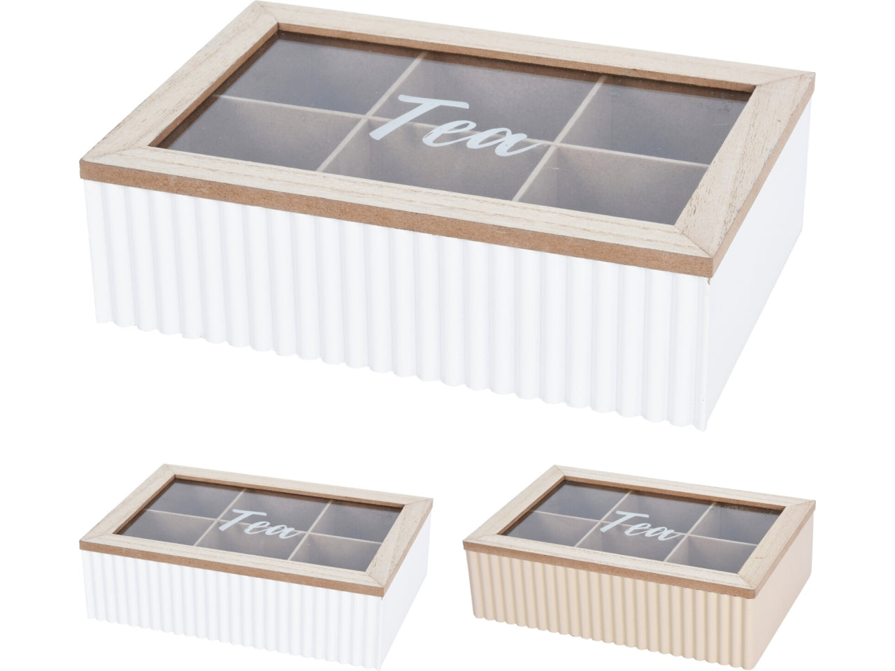 Scatola da tè in MDF in 2 colori assortiti con parte superiore in MDF naturale. Presenta 6 scomparti con struttura a coste sul fronte. Dimensioni 24x16x7cm