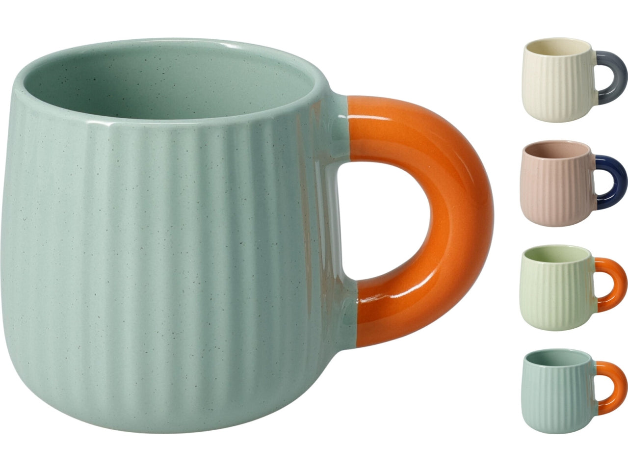 Tazza in gres da 395ml in 4 colori assortiti: crema, verde chiaro, blu e rosa. Con manico colorato, design puntinato e interno colorato. Ogni pezzo è dotato di backstamp decorativo
