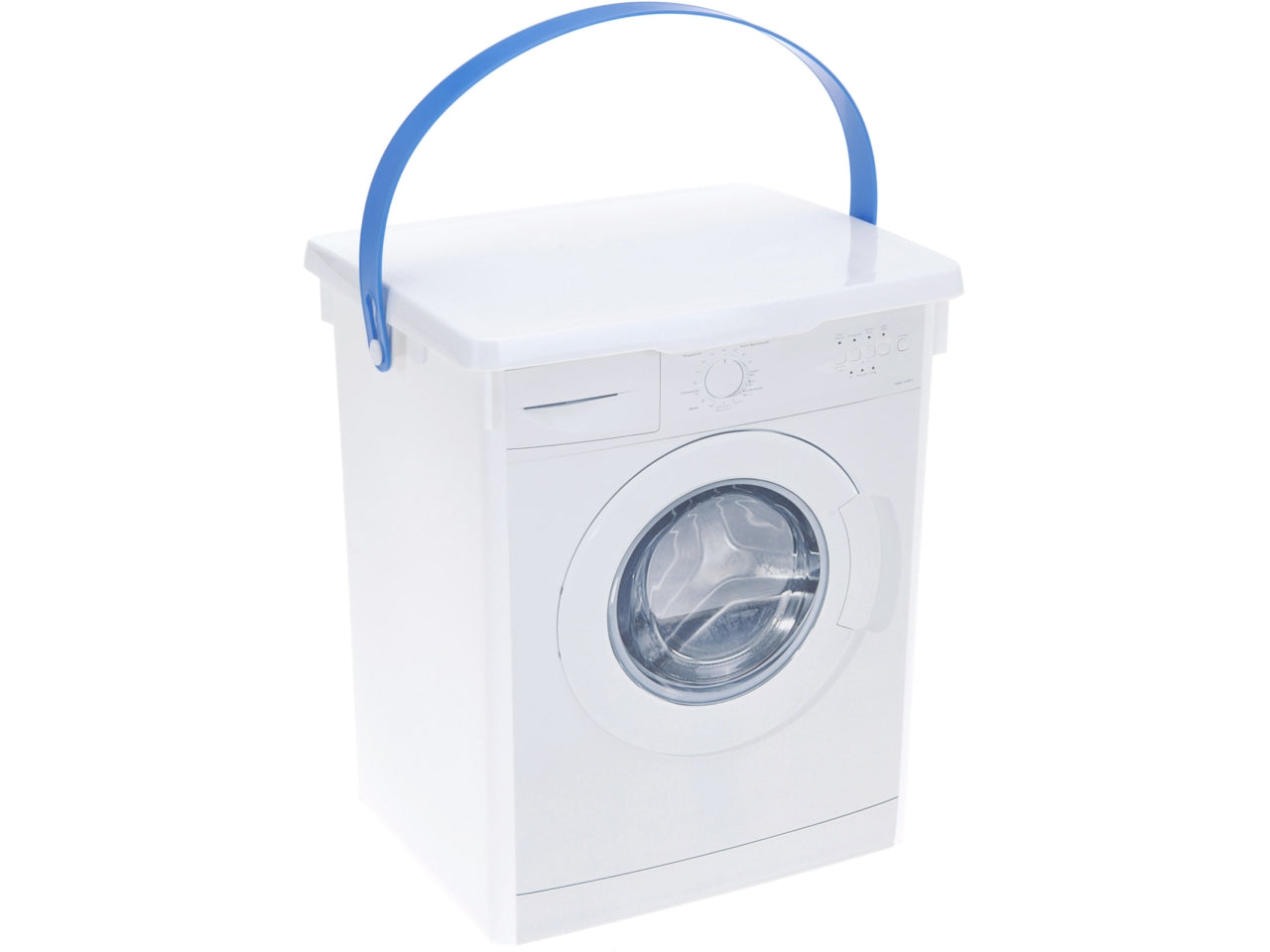 Scatola contenitore in plastica da 5 litri con stampa lavatrice. Dimensioni 23,5x18,5x19,5cm.