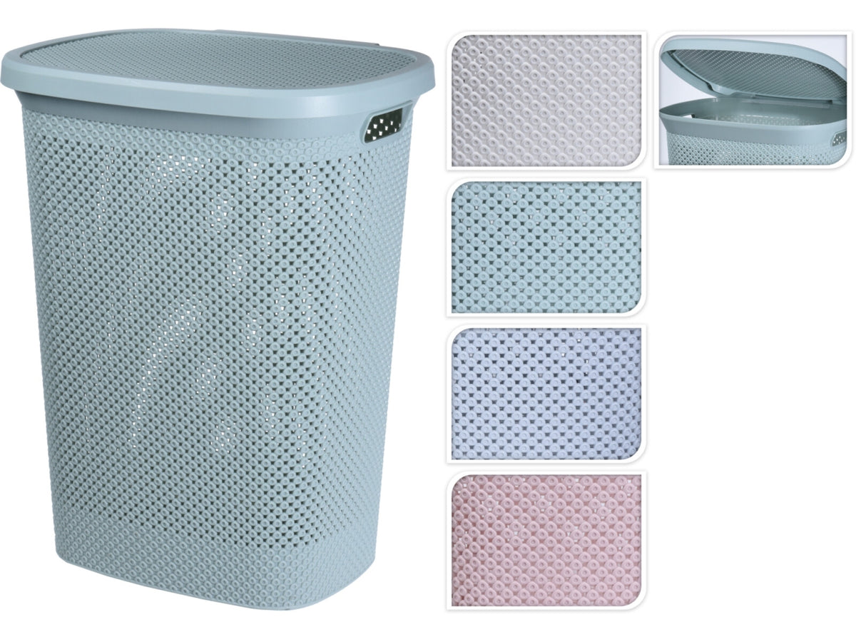 Cesto per il bucato in PP con capacità di 60lt. Dimensioni 37x46x59,5cm, peso 1610gr Disponibile in 4 colori assortiti: bianco crema, grigio, rosa e menta