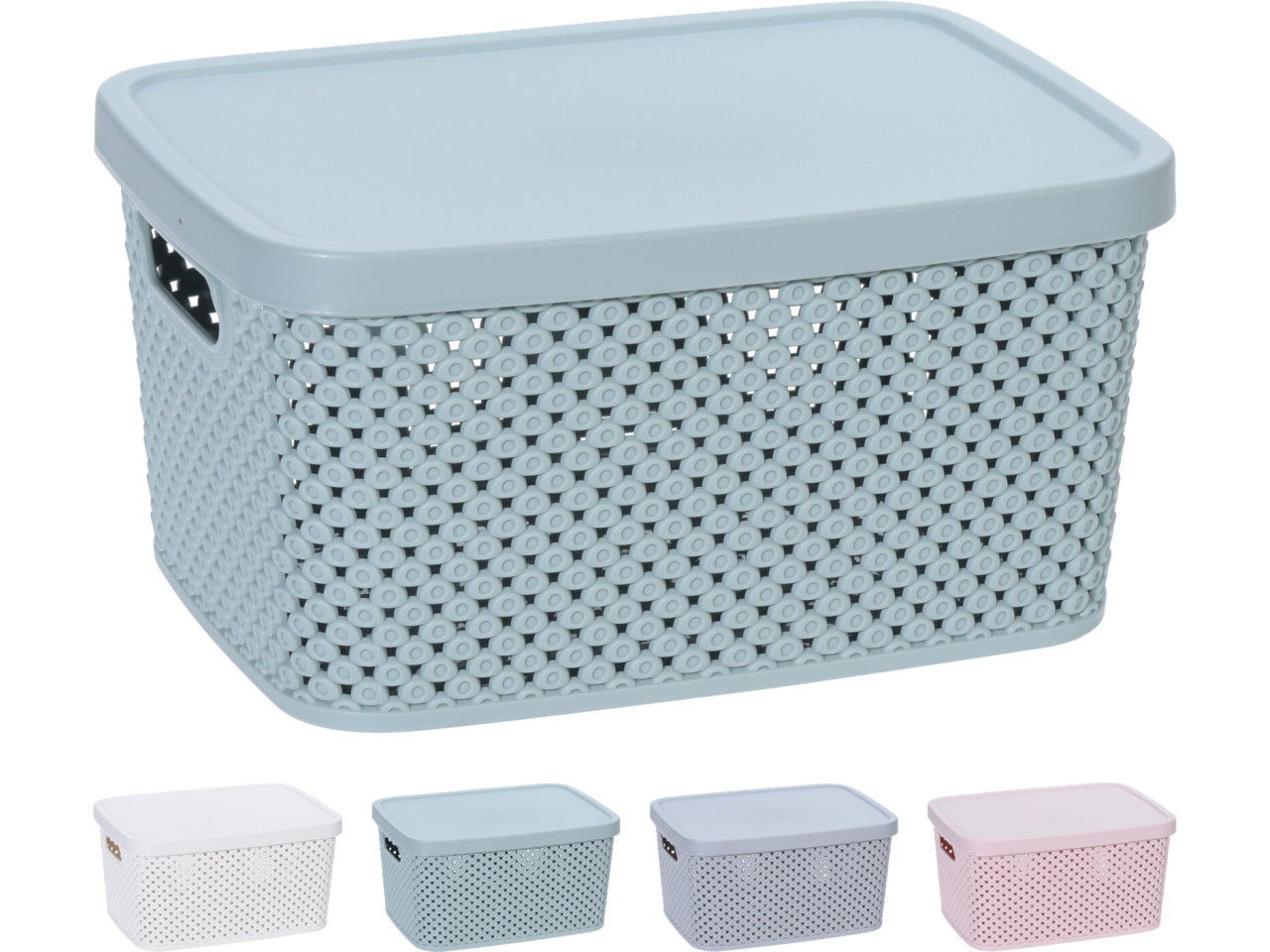 Scatola portaoggetti in PP con coperchio, capacità 3500ml, design a diamante. Dimensioni 23x17x12cm, peso 240gr In 4 colori assortiti