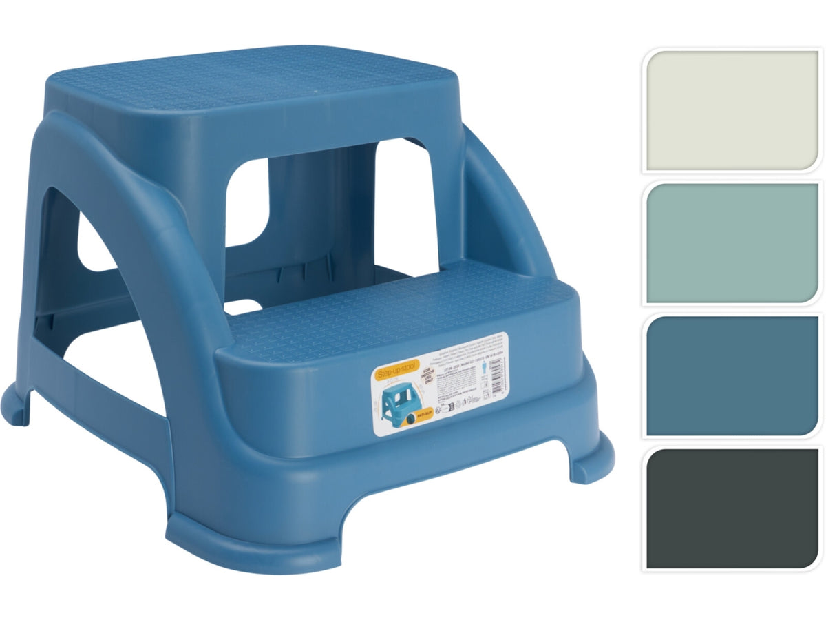 Scaletta in PP con 2 gradini. Dimensioni 43x37,5xH.28cm, peso 840gr e capacità massima 150kg. Design impilabile in 4 colori assortiti