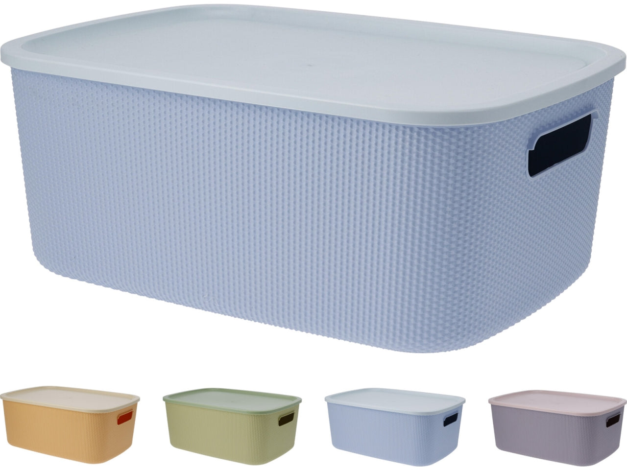 Scatola portaoggetti in PP con coperchio, capacità 11lt, dimensioni 36,8x26,8x15cm, peso 423gr In 4 colori assortiti: verde, giallo, blu e viola.