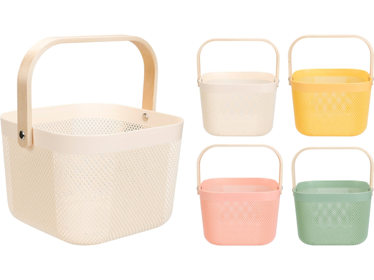 Cesta in PP con manico in bambù, dimensioni 24x24x17cm, peso 310gr In 4 colori assortiti: verde, rosa, giallo e grigio