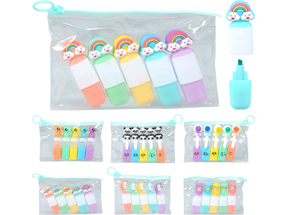 Set di mini evidenziatori con 5 colori neon in PP. Ogni evidenziatore misura 20x15x85mm e presenta una figurina sulla parte superiore. Disponibile in 6 design assortiti: robot, dinosauro, unicorno, sirena, principessa e panda