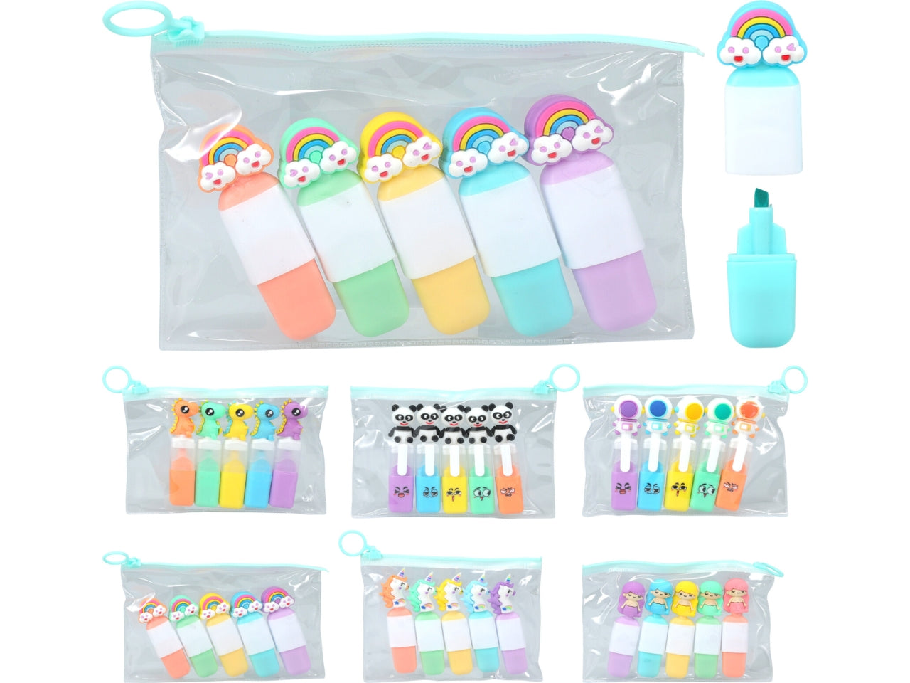 Set di mini evidenziatori con 5 colori neon in PP. Ogni evidenziatore misura 20x15x85mm e presenta una figurina sulla parte superiore. Disponibile in 6 design assortiti: robot, dinosauro, unicorno, sirena, principessa e panda