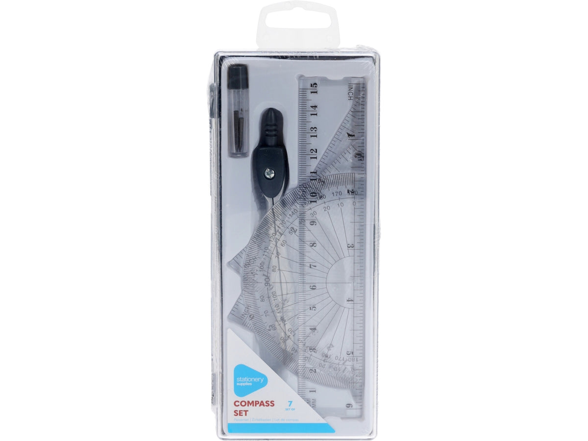 Set compasso da 7 pezzi in scatola PP con adesivo della linea Basic Stationery.