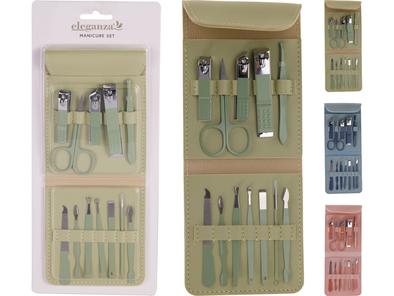 Set manicure con 12 accessori in ferro e PP in custodia PU. Disponibile in 3 colori assortiti: blu, rosa e verde.