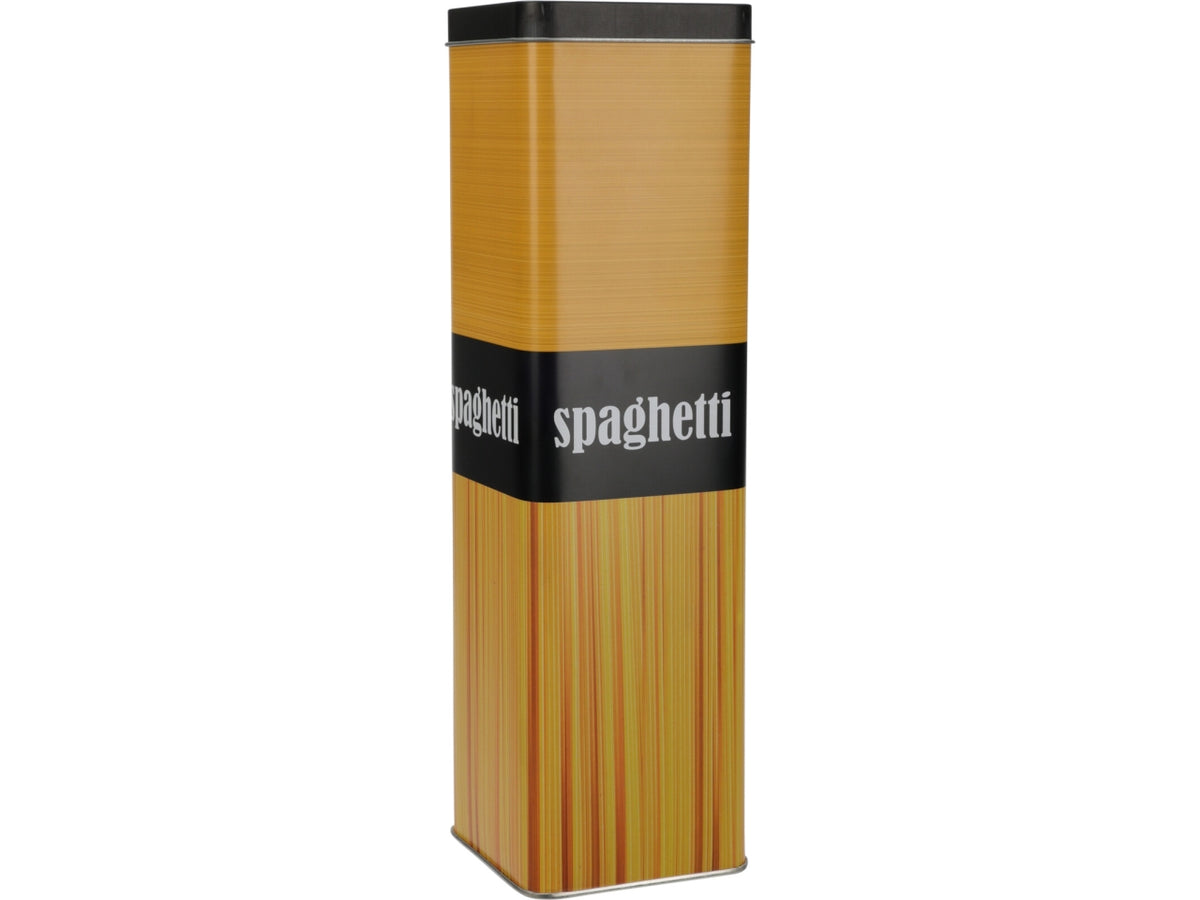 Barattolo porta scorte in metallo, dimensioni 8,5x8,5x30cm, spessore 0,22mm. Finitura opaca con design fotografico spaghetti