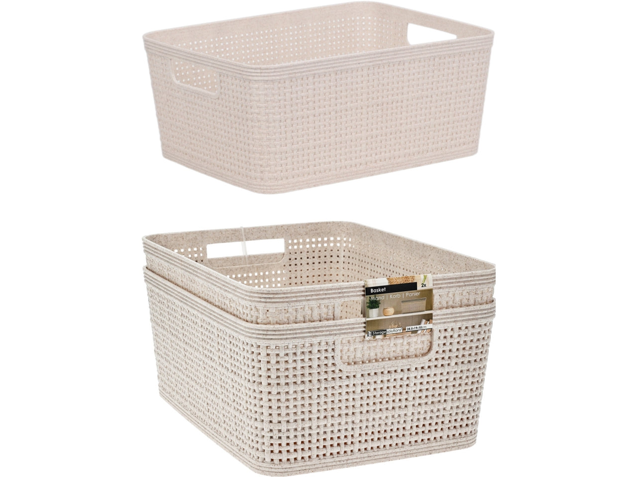 Set di 2 cestini in PP, ciascuno 24,5x19x10cm e 160gr. Design intrecciato color sabbia