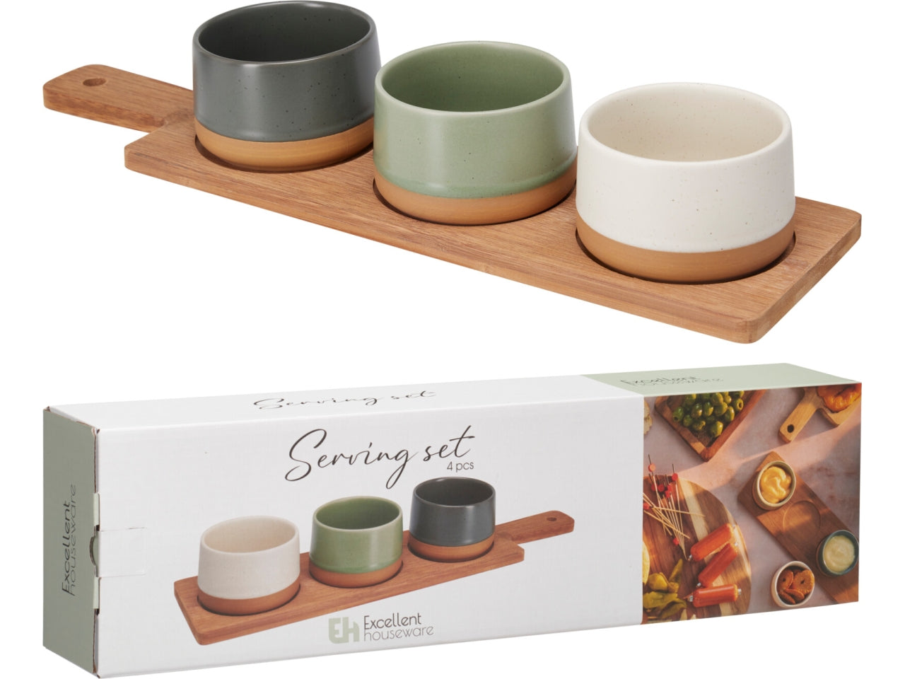 Set da servizio da 4 pezzi con 3 ciotole in gres su un vassoio in bambù scuro. Vassoio 38x10x1,5cm, ciotole d.7,5xh.5cm. Il set comprende ciotole antracite, crema e verde scuro