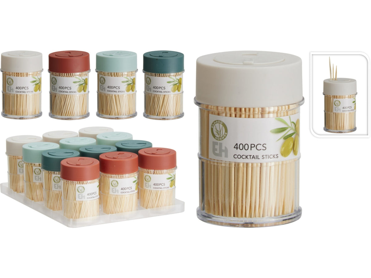 Stecchini da cocktail in bambù, 400 pezzi in tubo PS con coperchio PP in 4 colori assortiti.