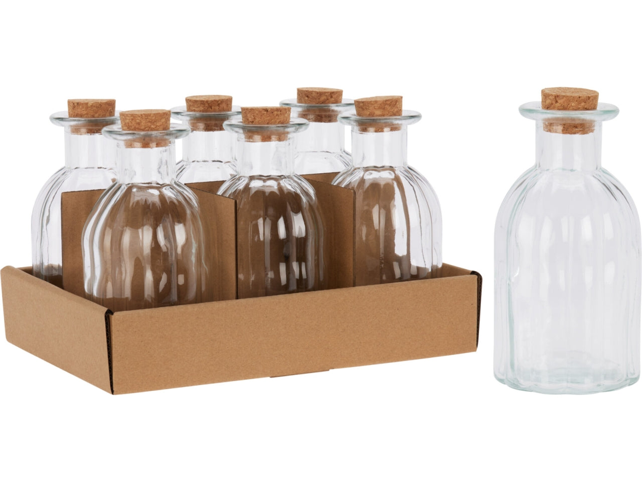 Bottiglia in vetro 280ml con forma rotonda, d.7xH.14cm. Con tappo in sughero e design a righe
