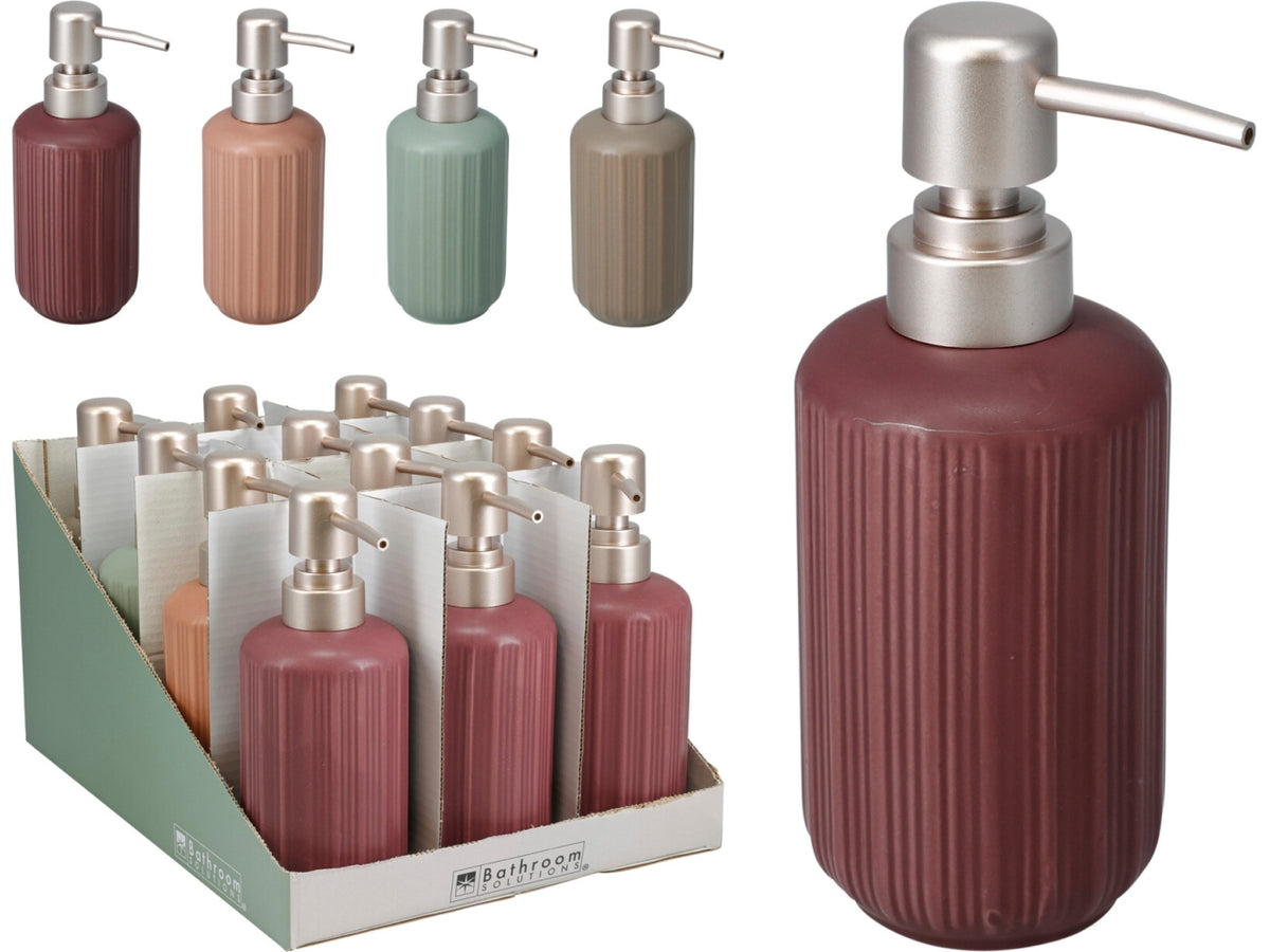 Dispenser sapone in gres con capacità di 300ml. Quattro design a righe con smalto reattivo in quattro colori e pompa in PP placcata oro rosa