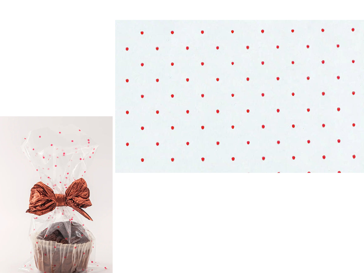 Buste Pois per alimenti 10x20cm trasparenti con pois rossi, confezione 50 Buste