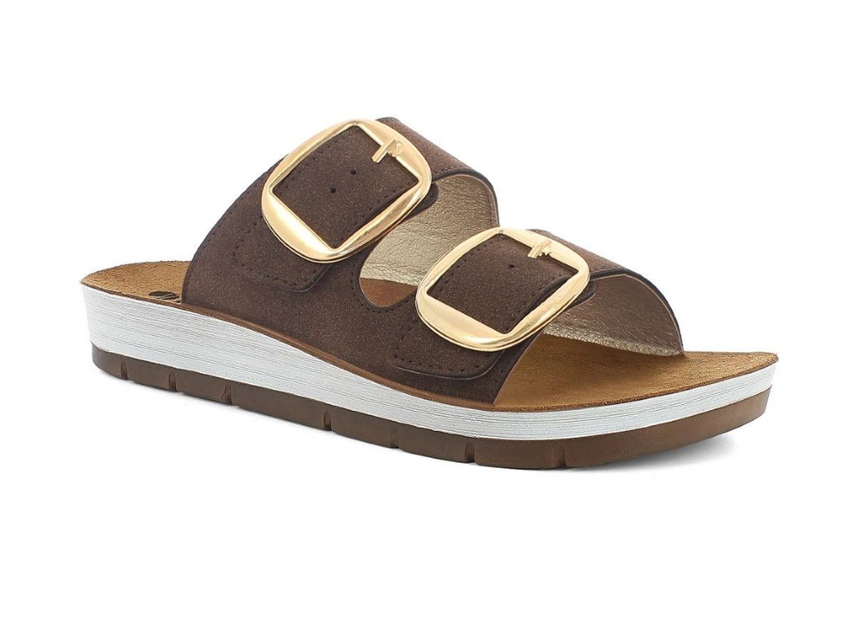 Inblu ciabatta donna doppia fascia con maxi fibbie e plantare in vera pelle, testa di moro taglia 40