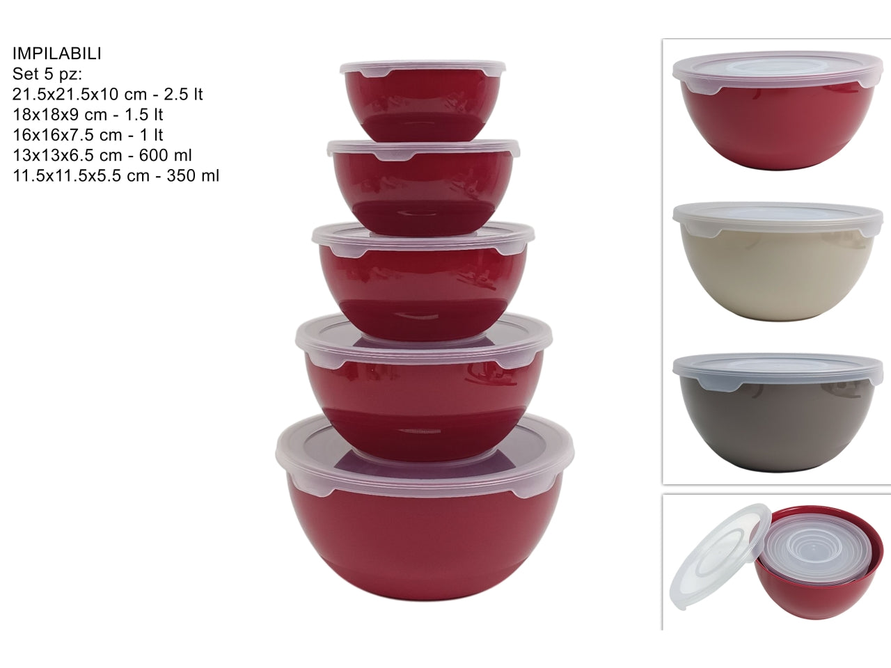 Ciotole con coperchio in plastica, set 5 misure in 3 colori assortite