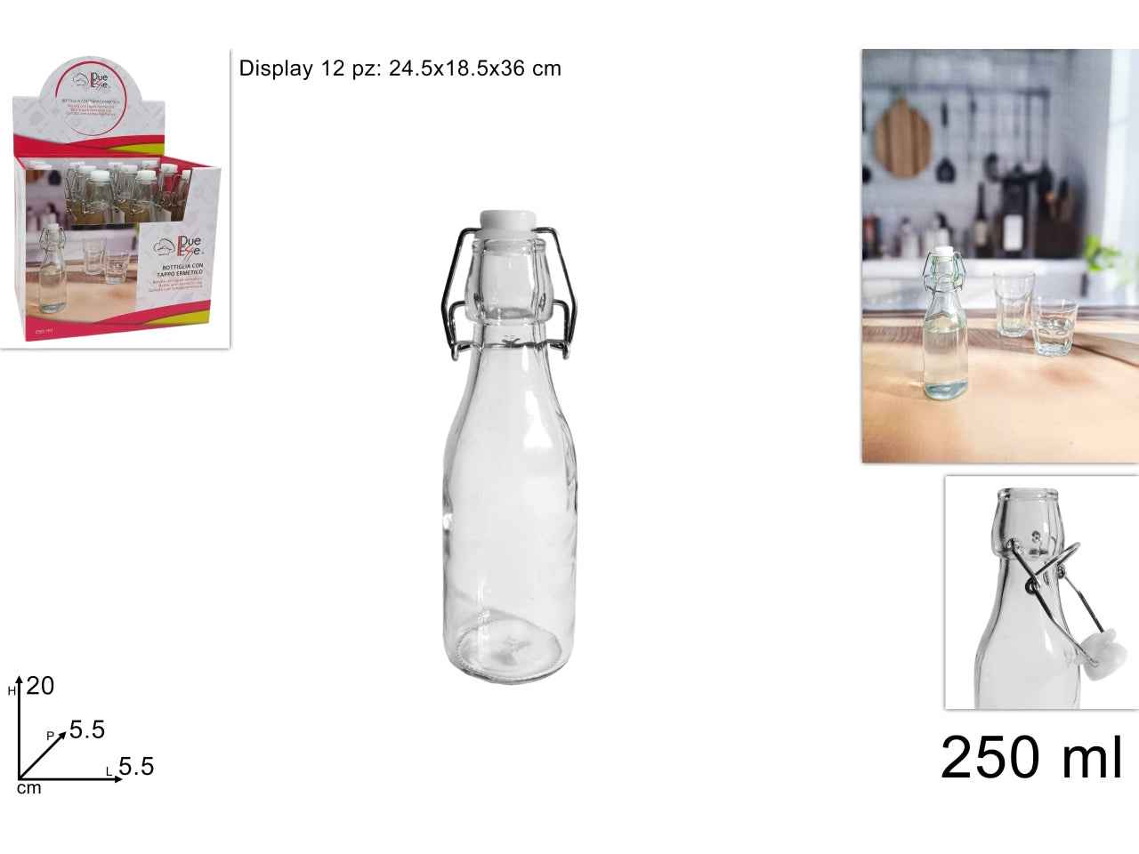 Bottiglia in vetro liscia da 250ml con tappo ermetico